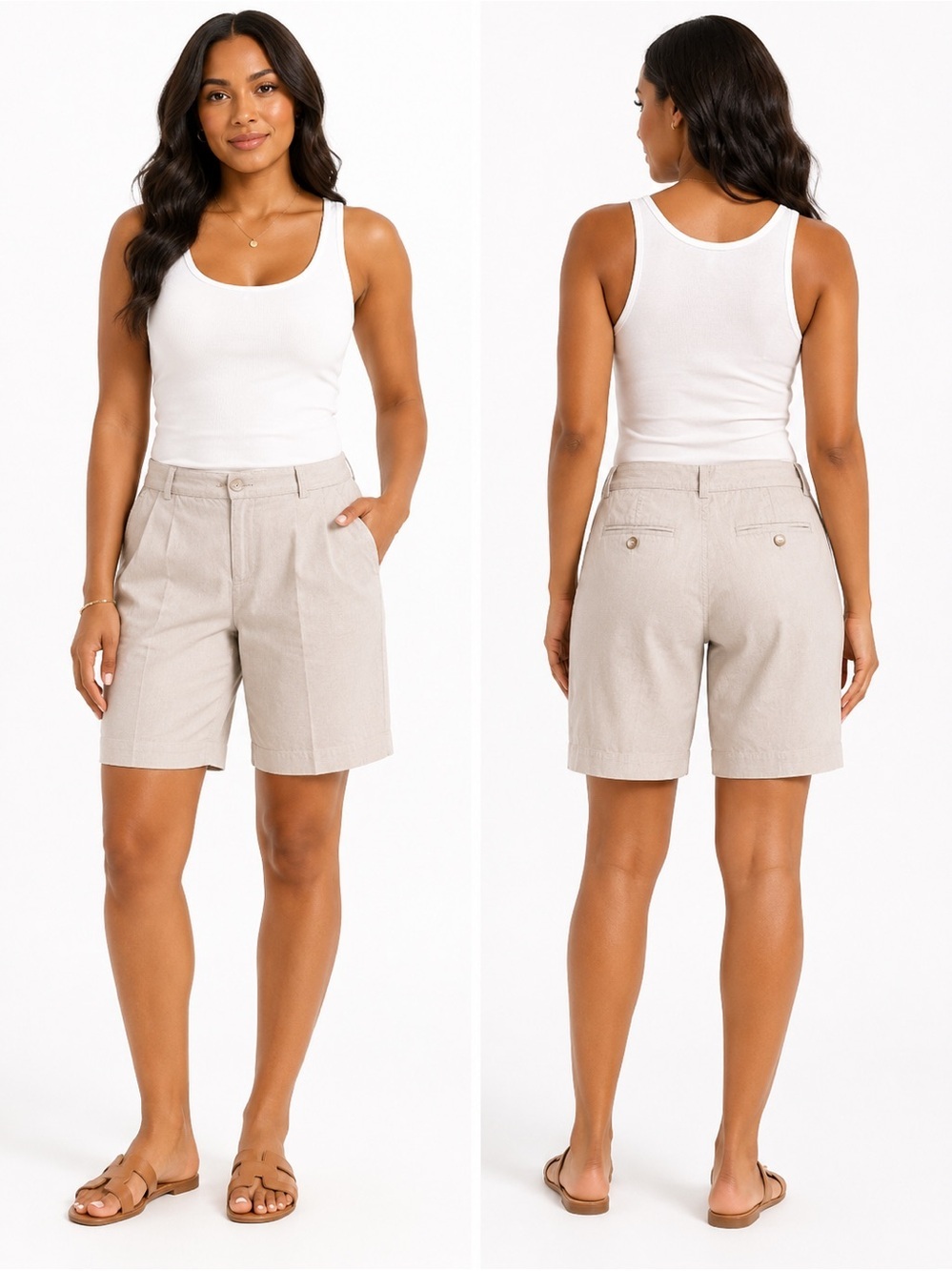 Bandolino Women’s Tan & White Pin Stripe Flat-Front Shorts Size 10